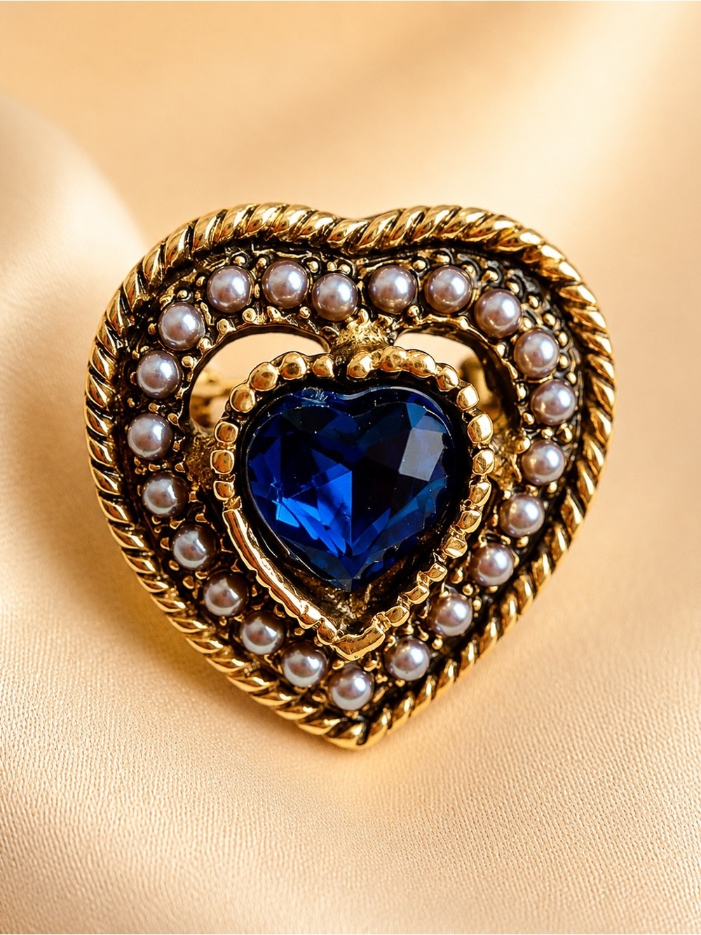 Gold-Tone Heart Brooch with Deep Blue Crystal and Pearls